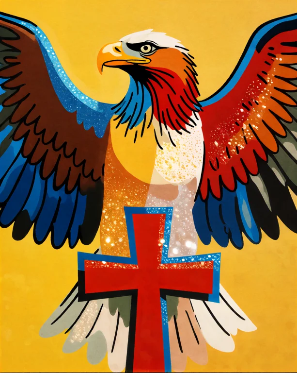Velkoris An Eagle Faces Forward On A Solid Yellow Background...