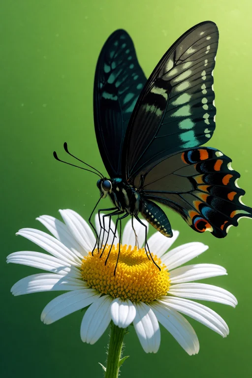 , A Black Swallowtail Butterfly On A White Daisy Against A C...