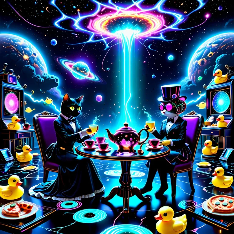 A Cinematic, Wide-angle Shot Of A Tuxedo Cat And A High-tech...