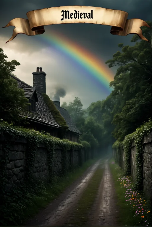 Medieval Style. A Country Road Bordered By Ivy-covered Stone...