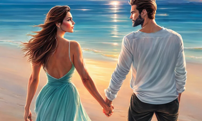 A Man And A Woman Holding Hands While Walking On The Beach A...