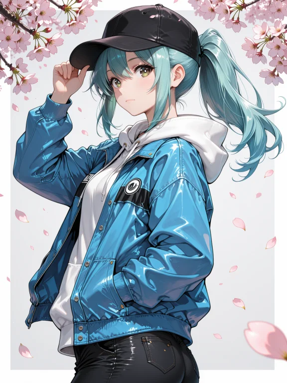1girl, Solo, Hat, Jacket, Hand In Pocket, Petals, Ponytail,...