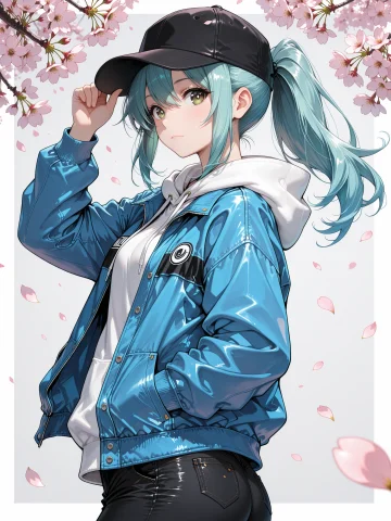 1girl, Solo, Hat, Jacket, Hand In Pocket, Petals, Ponytail,... — Stable Diffusion AI Prompt: 1girl, solo, hat, jacket, hand in pocket, petals, ponytail, looking at viewer, b...