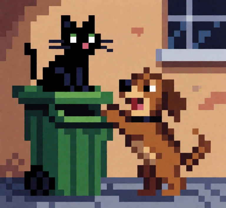 A Small Black Alley Cat With Big Green Eyes And A Long Swish...