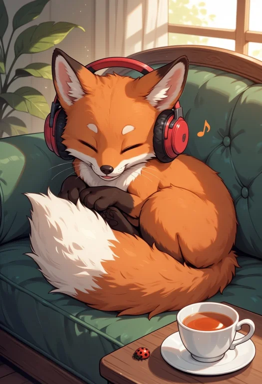 Score9, Fox, Cute, Curled Up On Couch, Headphones, Musical N...