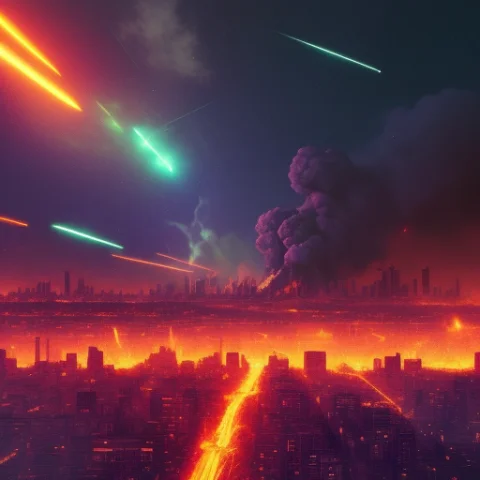 Apocalypse, Meteor Shower, Burning Meteors Destroy A Dilapid... — Stable Diffusion AI Prompt: apocalypse, meteor shower, burning meteors destroy a dilapidated metropolis, bur...