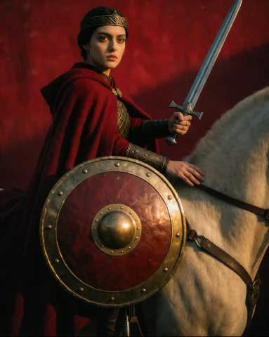 N0vuschr0ma Style A Colour Photograph Of A Woman In Burgundy... — Stable Diffusion AI Prompt: / n0vuschr0ma style/ A colour photograph of a woman in burgundy-red robes sittin...