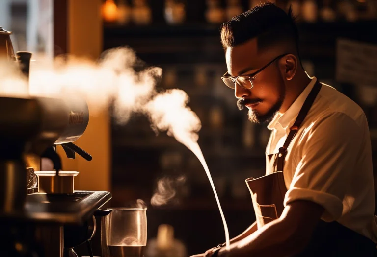 A Barista Framed By Steam In A Cozy Cafe, Golden Hour Light,...