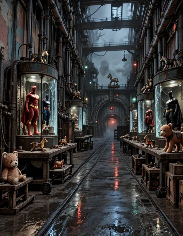 Abandoned Toy F4ct0ry, Secret Industrial Lair Of The Siniste... — Stable Diffusion AI Prompt: abandoned toy f4ct0ry, secret industrial lair of the sinister Toy Maker, immense...