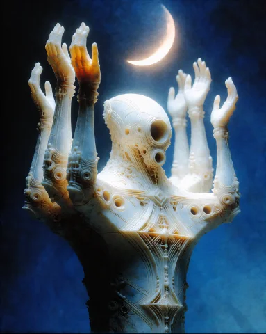 Yfg-fwshn A Pale Stone Figure With Eight Long Arms Raised In... — Stable Diffusion AI Prompt: / YFG-Fwshn/ A pale stone figure with eight long arms raised in a gesture of cos...