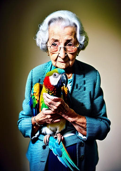 Portrait Of An Elderly Lady With A Pet Parrot Studio Light,...