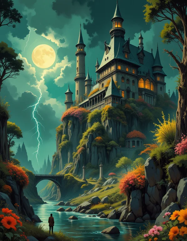 High Fantasy Floral Multi Tower Complex High On A Cliff, Riv...