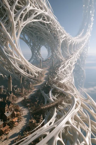 Dcc3ldyns. A Colossal, Surreal Bridge-like Structure Crafted... — Stable Diffusion AI Prompt: DCC3LDYN@S. A colossal, surreal bridge-like structure crafted entirely from intr...