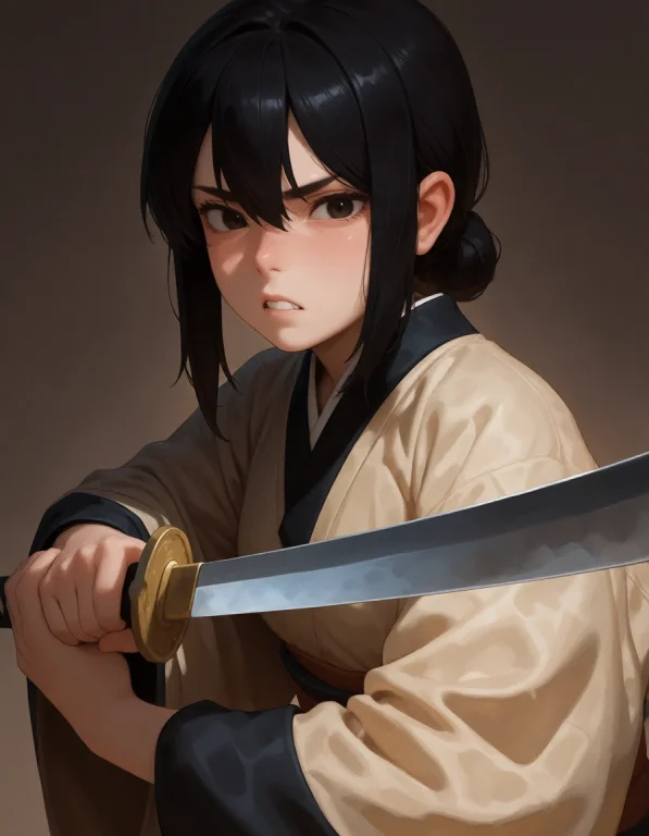 A Side View Portrait Of Kuro Wearing A Kimono And Holding A...