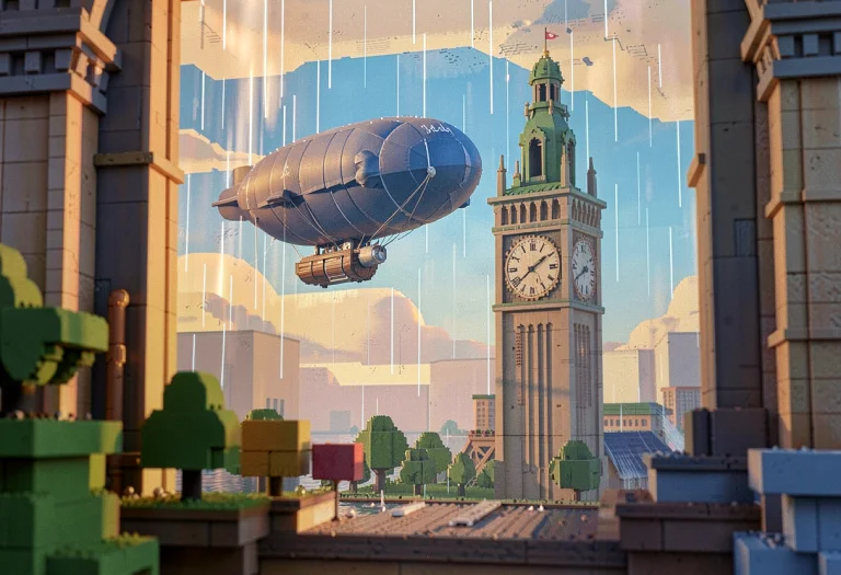 A Zeppelin Drifting Past A Clock Tower, Voxel Art, Framed By...