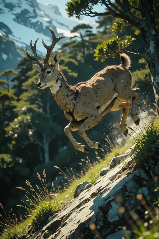 Nature, A Huemul Leaping Down A Rocky Andean Slope In Southe...