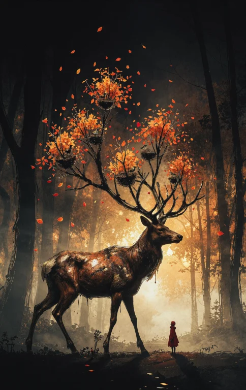 A Surreal Painterly Scene Of A Majestic Deer Walking Slowly...