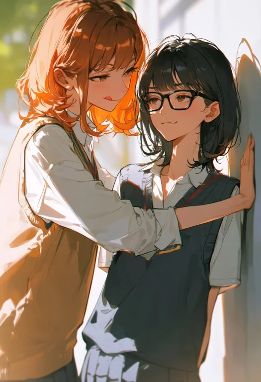 Art8st , Score9, Score8, 2girls, Yuri, Kabedon, Leaning On W...