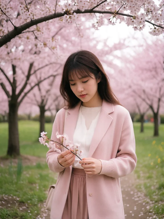 Photograph Of A Beautiful Woman Walking Under Cherry Blossom...