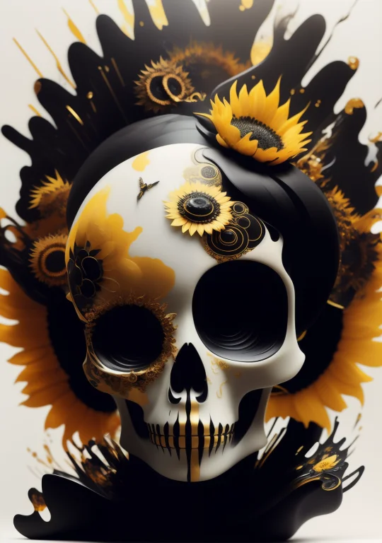 34 Marble Skull With Gold Filigree Inlay Surrounded By Black...