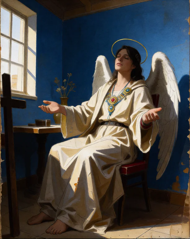 A Figure In Pale Cream-colored Robes Sits In A Simple Room W...