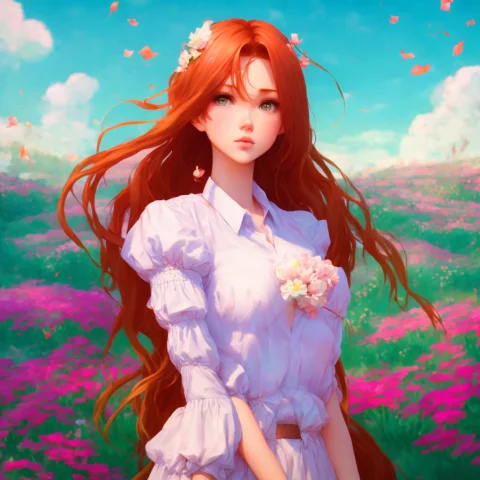 A Girl Standing In A Field, Red Hair, Long Hair, Flowers, So... — Stable Diffusion AI Prompt: a girl standing in a field, red hair, long hair, flowers, soft colors, dgtl