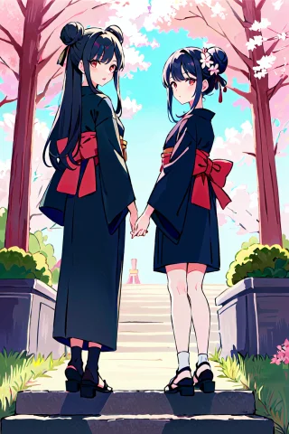 Masterpiece,best Quality,2girls, Black Kimono, Black Legwear... — Stable Diffusion AI Prompt: ((masterpiece,best quality)),2girls, black kimono, black legwear, black ribbon,...