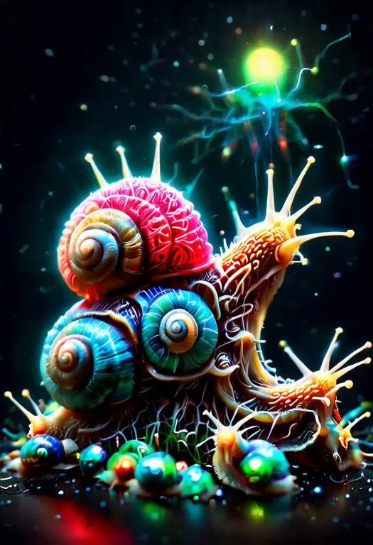 Photo-realistic Super Surreal Neon Glowing Space Snails Trav...