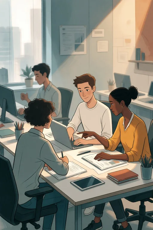 Strangedaal. Two Coworkers Sit Side By Side At A Shared Desk...