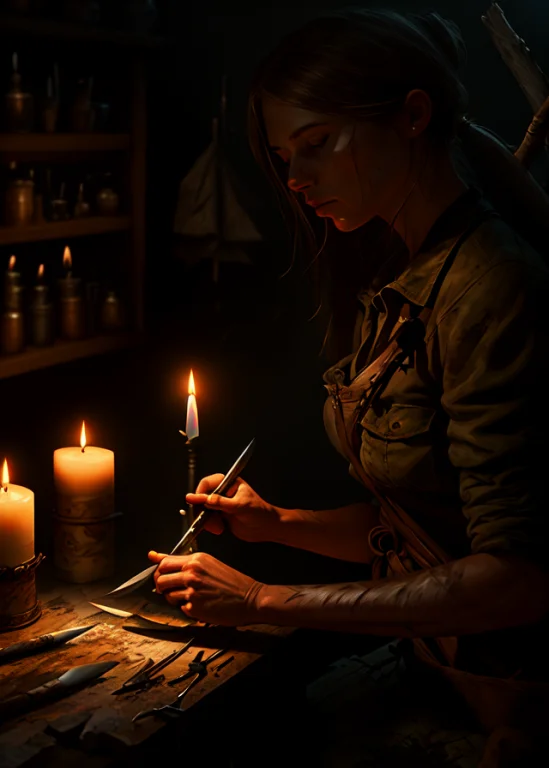 A Tough Huntress Sharpening A Survival Knife, Candles, Peace...