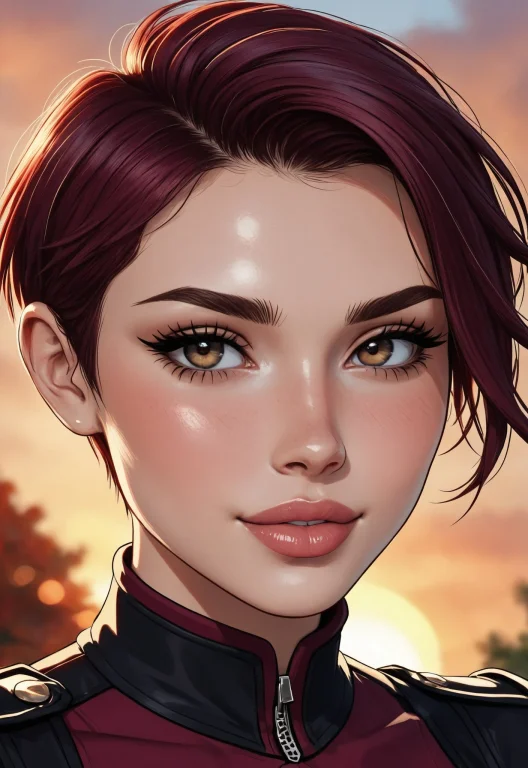 Woman Face Closeup, Very Short Hair, Bold Burgundy Liner, Ex...
