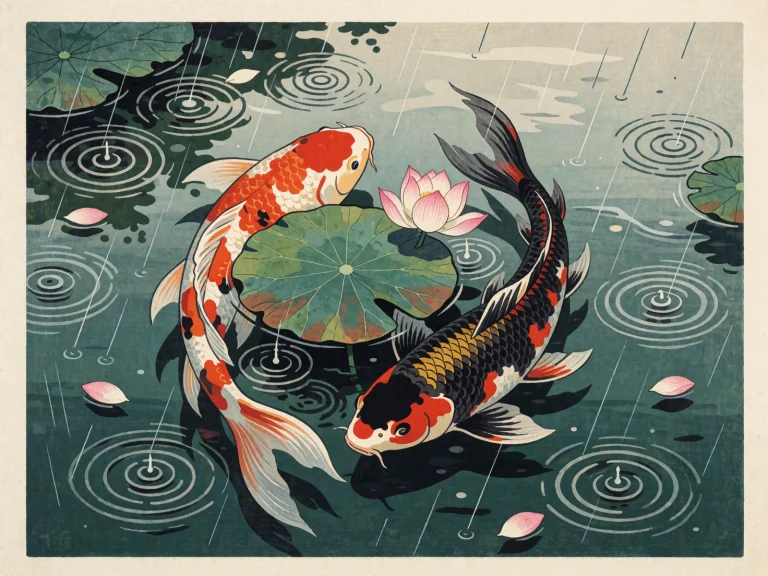An Illustration Of Two Koi Circling Beneath A Floating Lotus...