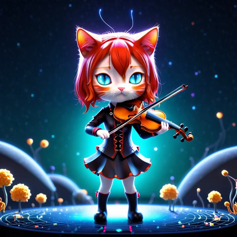 A 3d Chibi Anime Red Hair Cat Girl Playing Cosmos Universe V...