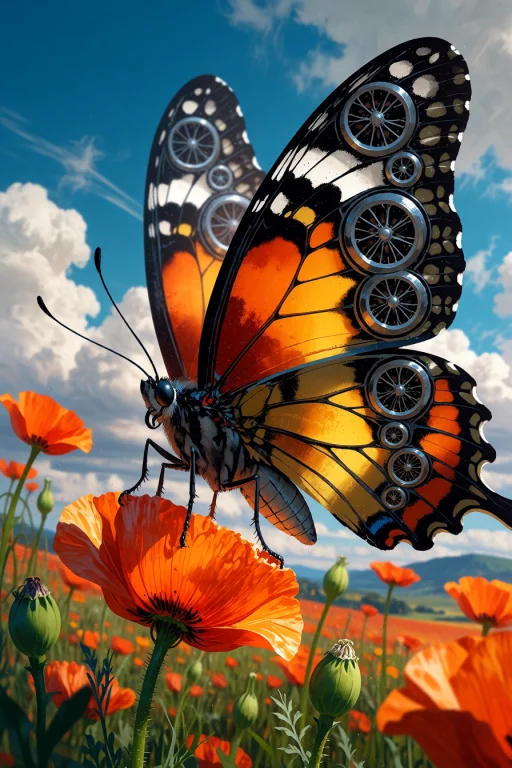 , A Butterfly With Wheels For Wing Patterns Racing Across A...