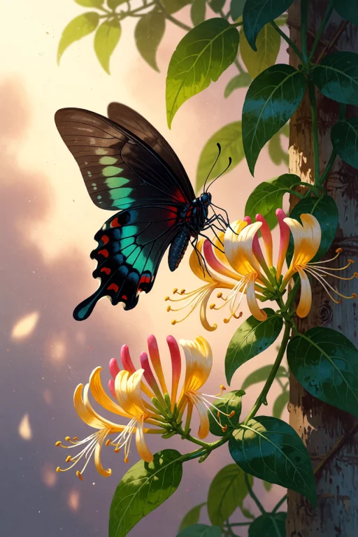 , A Butterfly Drinking Nectar From A Honeysuckle Vine On A W...