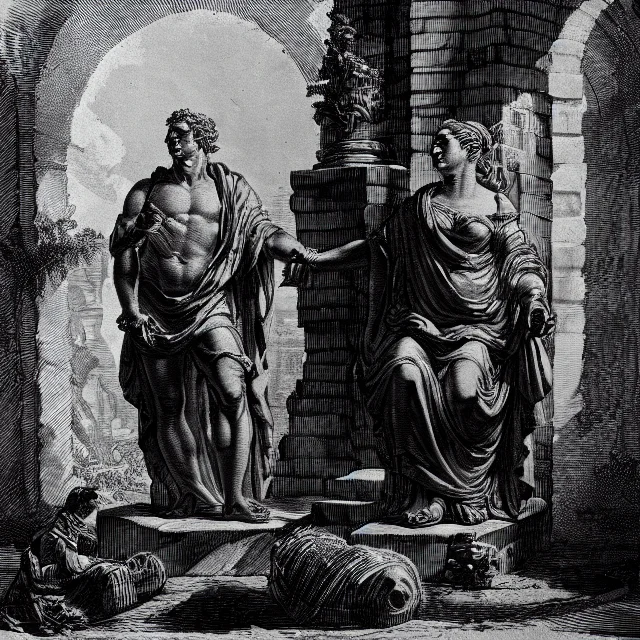 A Black And White Drawing Of A Statue Of A Man And Princess...