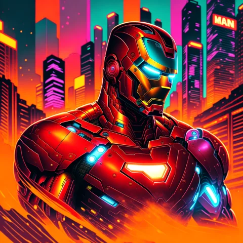 Iron Man Angry With Neon City Background Comic Style — Stable Diffusion AI Prompt: (iron man) angry with neon city background comic style