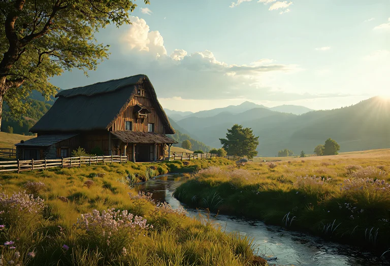 Subject A Traditional Bavarian Farmhouse With A Thatched Roo...