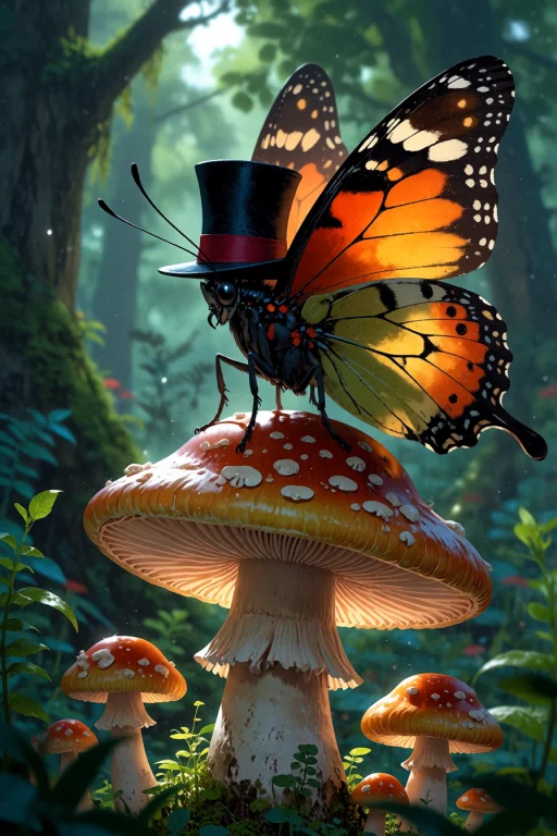 , A Butterfly With A Top Hat Perched On A Mushroom In A Whim...