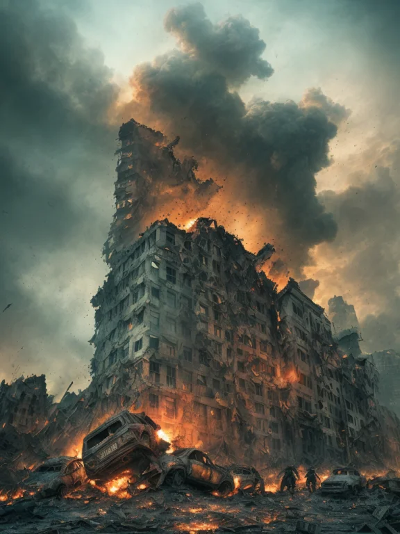 Image Of The Apocalypse, Crumbling Buildings, Rubble, Fire,...