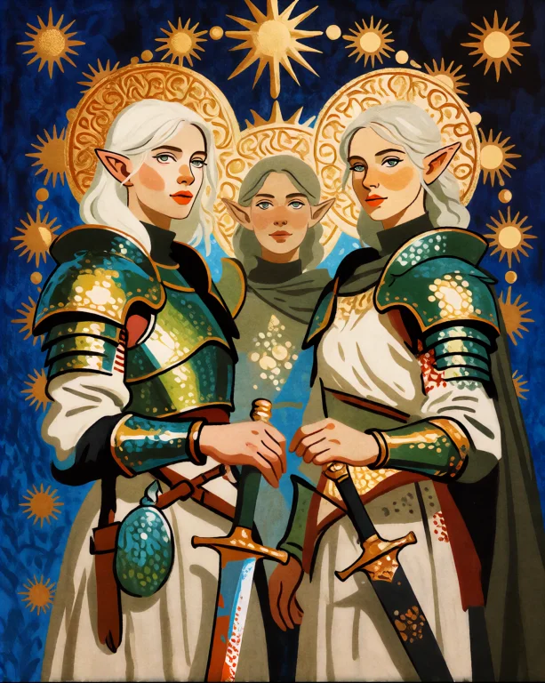 Velkoris Three Warrior Elves Stand In Oil Paint Against A De...