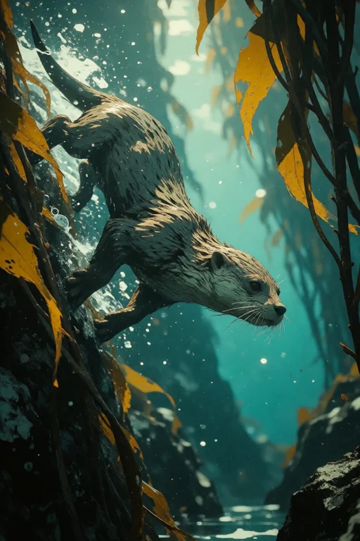 Nature, A Marine Otter Slicing Through Kelp In A Side-three-...