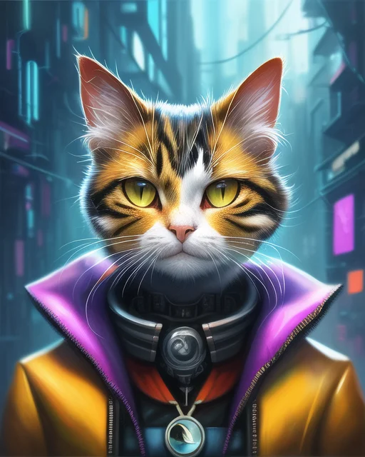 Highly Detailed, Best Quality, Oil Painting, Cyberpunk Cat,...
