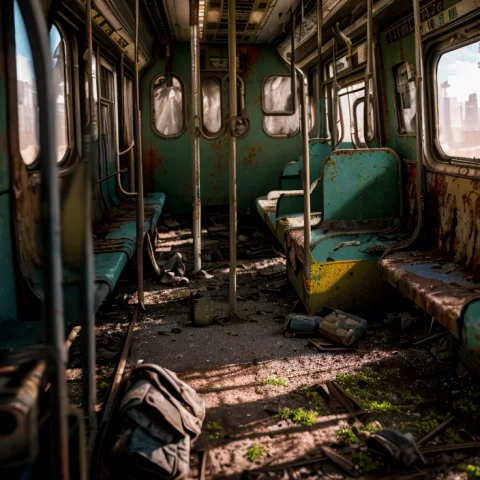 3d Render Of Subway Train, Abandoned, Dramatic Color Grade,... — Stable Diffusion AI Prompt: 3d render of subway train, abandoned, dramatic color grade, moss, abandoned, bro...