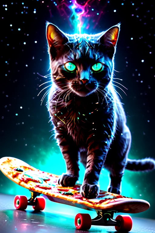 A Cinematic Action Sceen Of A Cat Riding A Skateboard While...
