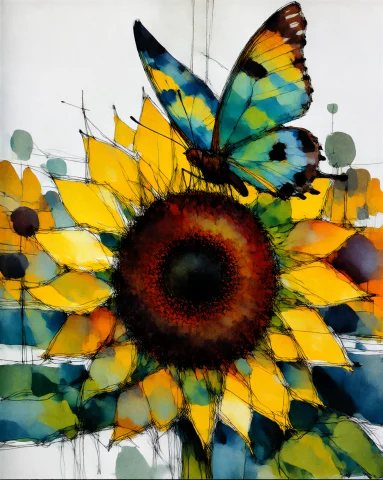 Bradhamel Art Style A Sunflower Filling The Lower Three Quar... — Stable Diffusion AI Prompt: / Bradhamel art style/ A sunflower filling the lower three quarters of a white c...
