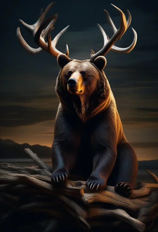 Masterpiece, Best Quality, A Bear Crowned With Antlers Of Dr...