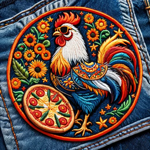 Ral-embroideredpatch, A Round Embroidered Patch Sewn Onto A... — SDXL AI Prompt: ral-embroideredpatch, a round embroidered patch sewn onto a blue denim jacket, v...