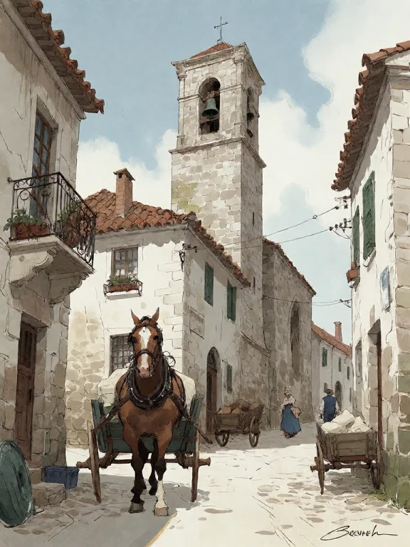 Bradhamel Art Style. A Sunlit Cobblestone Street In A Quaint...