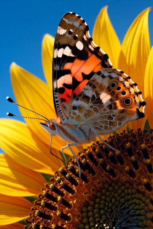 , A Painted Lady Butterfly On A Sunflower Seed Head Against...